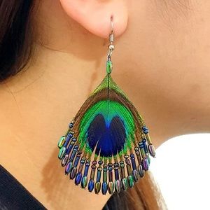 Iridescent Peacock Feather Hand Beaded Rainbow Beads Dangle Drop Earrings